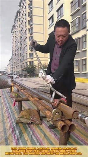 Effective metal rust removal: Skilled worker clean steel pipes using DIY tools #workprocess #diy