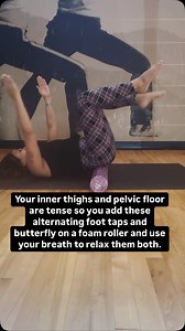 Breathe Deep, Tap It, then Butterfly! 🦋 Did you know that your inner thighs and pelvic floor can accumulate tension just like any other part of your body? 🤯 , I’ve got a fabulous exercise that will leave you feeling rejuvenated and fabulous! 💪✨ 💥 Meet the Dynamic Duo: Alternating Foot Taps and the Butterfly Stretch on a foam roller! This magical combo is your ticket to releasing tension and embracing your zen. Here’s why you should give it a try! 🌈✨ ✨ Why Relax Your Pelvic Floor? A relaxed 