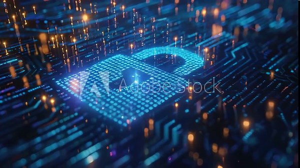 A vivid blue apple logo stands out amidst a dazzling array of lights, Computer code transforming into a lock symbolising encryption