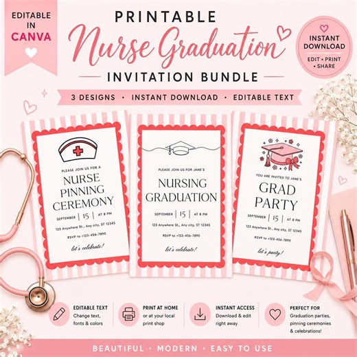 Nurse Graduation Invitation Bundle | Editable Canva Template | *DIGITAL DOWNLOAD ONLY* - Etsy