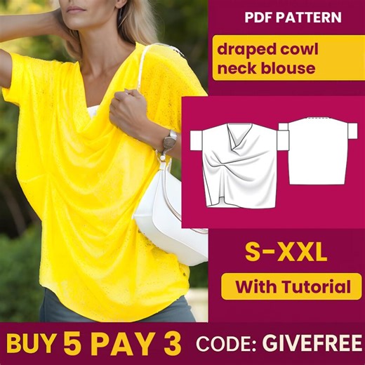 Draped Cowl Neck Blouse Sewing Pattern: Beginner to Intermediate (PDF Download) - Etsy