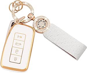 for Lexus Key Fob Cover Soft TPU Smart Car Key Shell Case for Lexus RX is ES GS LS NX RS GX LX LC 2 3 4 Buttons White Key Protector with Bling Leather Keychain (C-LXS)