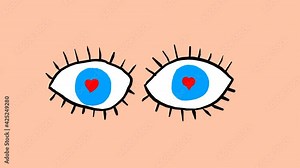 Ogle, eyes in love. Blue cartoon eyes with hearts inside. Frame by frame animation.