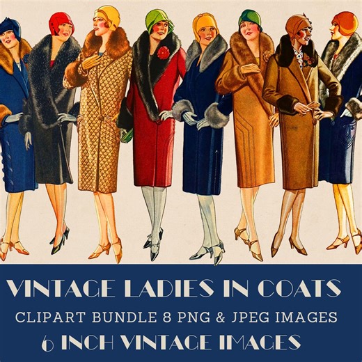 1920s Fashion Clipart: Vintage Ladies in Coats Bundle (PNG, JPEG) - Etsy