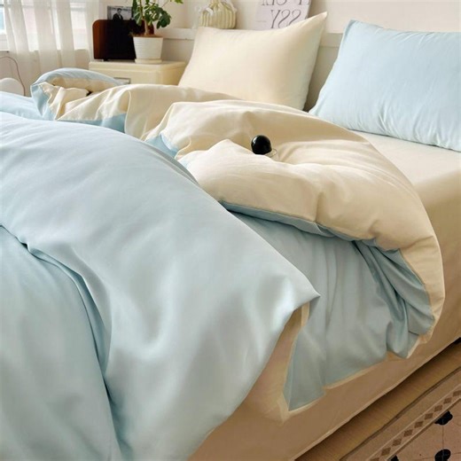 Duvet Cover Set Light Blue and Cream Reversible Bedding - Etsy