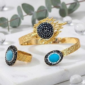 18K Gold Plated Brass Turkish Turquoise & Hematite Cuff Ring Set Boho Artisan