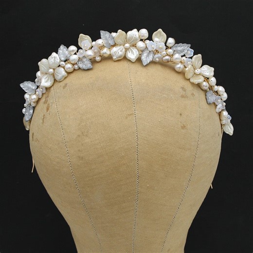 Floral Tiara With Freshwater Pearls and Vintage Flowers, Wedding Headpiece, Pearl Headband - Etsy
