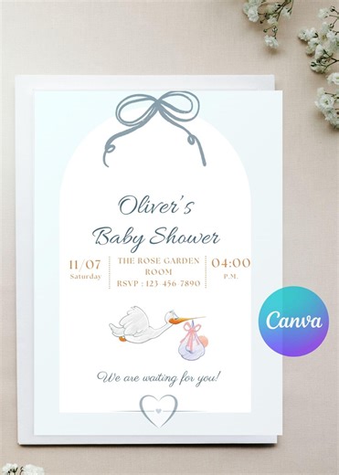 Baby Shower Invitation Template | Editable Canva Invite | Blue Minimal Stork Baby Shower | Printable 5x7 - Etsy