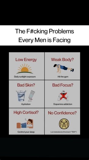 The Health Guide on Instagram: "Modern men are struggling more than ever — and most don’t even realize it. Low energy. Weak focus. Bad skin. No confidence. High stress. These problems are not “normal”… they’re warnings. 🚨 We live in a world full of distractions, screens, bad habits, and zero discipline. And because of that, men today feel tired, unmotivated, and disconnected from their own potential. But here’s the truth 👇 Every problem you are facing has a simple, real solution: ☀️ Low Energy