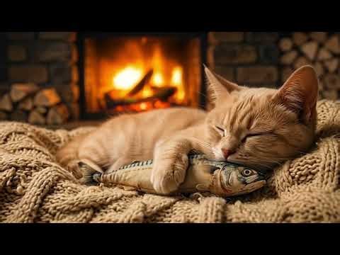 Adorable Sleepy Cat Hugging Its Favorite Plush Toy 9H 4K 🐱🔥 | Purring & Crackling Fire Sounds