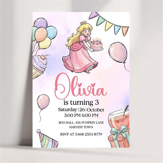 Princess Peach Birthday Invitation Template, Editable Peach Party Invite, Pink Princess Party Decor, Printable Girl Birthday Canva JPD08 - Etsy