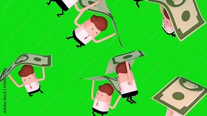 3d cartoon business man falling with money parachute looped animation. Green screen chroma key background.