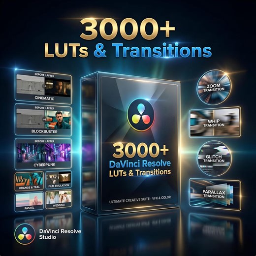 3000  Davinci Resolve Transitions & Luts | Cinematic Color Grading, Video Effects, Templates Pack - Etsy