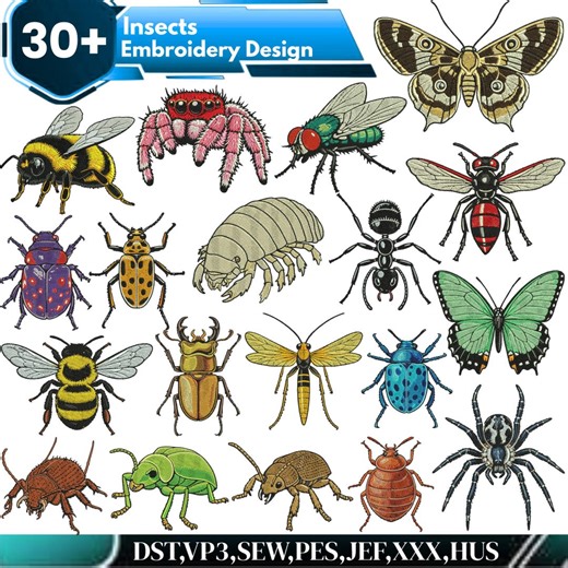 30  Insects Embroidery Designs Bundle, Bug Machine Embroidery Files, Butterfly Bee Spider Beetle Applique Dst, Pes, Sew, Vp3, Jef, Xxx, Hus - Etsy