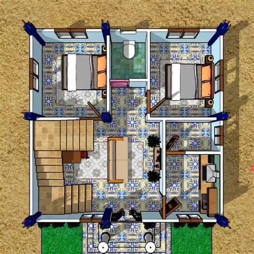 25x25ft Tiny House Layout with 2 Bedrooms