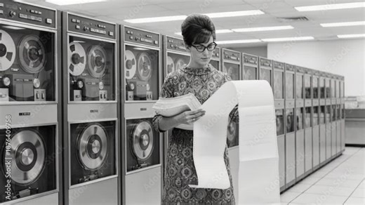 Vintage woman in 1960s attire reading long data printouts in a mainframe computer room. Female technician analyzing results near tape drives. Retro business and technology concept