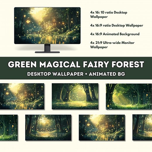 Green Whimsical Magical Fairy Forest Cozy Desktop Wallpaper Pack | Lofi Cottagecore Nature | HD Digital Wallpaper Set Ultra-wide Monitor - Etsy