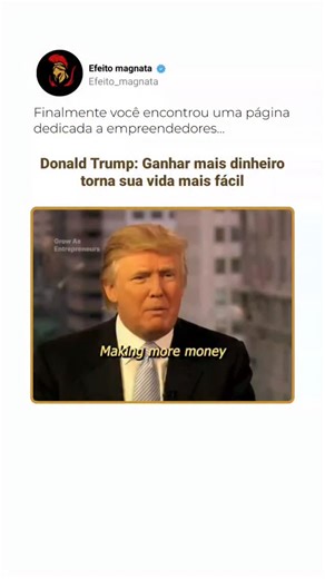 Efeito_Magnata | Empreendedorismo | Motivação on Instagram: "Donald Trump destaca uma verdade simples, mas frequentemente ignorada: a estabilidade financeira reduz o estresse. Estudos mostram consistentemente que problemas financeiros continuam sendo um dos principais fatores de rompimento de relacionamentos. Quando as necessidades básicas são garantidas, as famílias enfrentam menos pontos de pressão. De acordo com dados recentes, o conflito financeiro é a principal causa de divórcio nos Estados