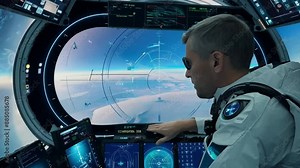Astronaut piloting a spaceship Cockpit view in a spaceship, pilot ready to fly amidst vibrant space