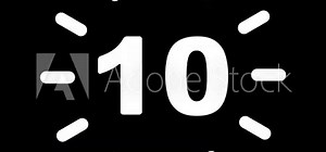 Old style video countdown counter with rounded corners for 10 to 1 with stylish moving elements of clock face on a black background.