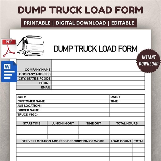 Dump Truck Load Form Template. Hauling Record Sheet - Etsy