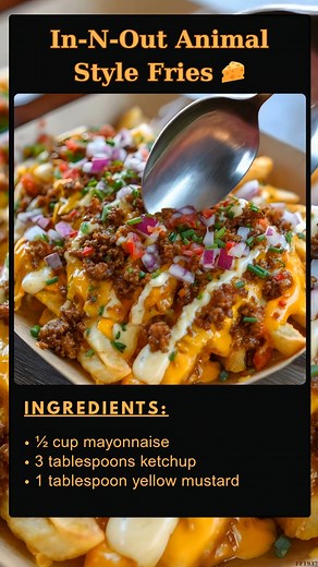 In-N-Out 🌼 Animal Style Fries 🧀 Crispy fries covered in melted cheese, caramelized onions, and legendary sauce—West Coast favorite at home! Ingredients: 1 bag frozen French fries (thick-cut) 1/2 cup mayonnaise ..... Full Recipe in Coʍmеոτ 💬 💋 | Easy Recipe Mama's