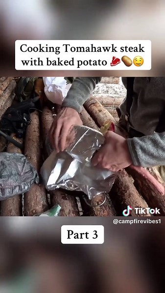 Cooking Tomahawk Steak with Baked Potato Outdoors