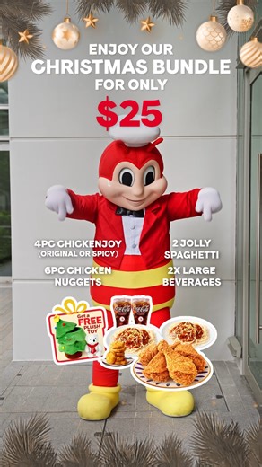 The most joyful time of the year is almost here… ❄️ It’s time for you to unwrap all your jolly cravings, and our new Christmas bundle is just what you need — enjoy all your favourite Jollibee treats for just $25, plus a FREE plush toy! Here’s what’s tucked inside your festive feast: 🎁 4x Chickenjoy (Original or Spicy) 🎁 2x Jolly Spaghetti 🎁 6x Chicken Nuggets 🎁 2x Large Beverages Available from 27 November onwards in all Jollibee stores islandwide. Christmas plush available while stocks last