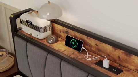 LIKIMIO King Size Bed Frame, Storage Headboard with Charging Station, Solid and Stable, Noise Free, No Box Spring Needed, Easy Assembly