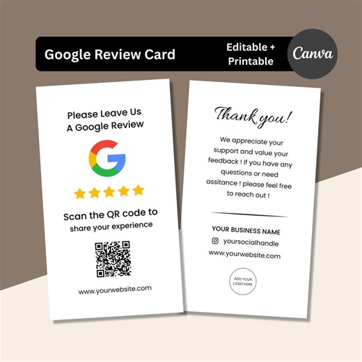 Google Review QR Code Card Template | Editable Canva Review Request Insert | 2x3.5 Thank You Card for Small Business - Etsy
