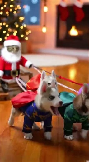 Santa Cat Commands—Four Puppy Reindeers Obey!