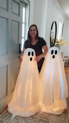 Tomato Cage Ghosts 👻 … these are all over Pinterest and I loved that they are easy to make and affordable! I can’t wait to add these to my front porch! I already had the tomato cages and found everything else @hobbylobby . You can find tomato cages in the garden section of most stores and the other items at the craft store. What I used for each: ◻️tomato cage ◻️foam ball, mine is a #8#8◻️white lights, mine are 20 ft, 100 lights ◻️black felt with adhesive backing ◻️white plastic tablecloths: one