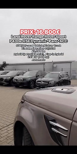 47K views · 182 reactions | PRIX: 16.800€ Land Rover Range Rover Sport P400e HSE Dynamic*Pano*ACC SUV/Off-road Vehicle/Pickup Truck First Registration 05/2021 42,190 km Hybrid (petrol/electric), Plug-in hybrid 297 kW (404 hp) Automatic | Véhicule d’occasion | Facebook