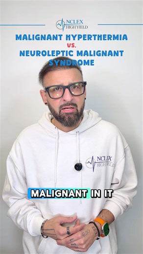 Malignant Hyperthermia vs Neuroleptic Malignant Syndrome is a high-yield differential diagnosis (your matrix/grid, bow tie type of a question). Both conditions share the same core signs and symptoms, remember HAM: •⁠ ⁠High fever (104–105°F) •⁠ ⁠Altered mental status •⁠ ⁠Muscle rigidity And both are treated with dantrolene! How do we tell them apart? We look at the cause: •⁠ ⁠Malignant Hyperthermia (MH): congenital reaction to anesthesia and neuromuscular-blocking agents •⁠ ⁠Neuroleptic Malignant