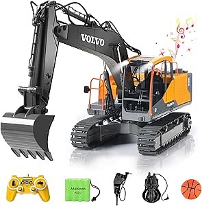 DOUBLE E Volvo RC Excavator 17 Channel 3 in 1 Construction Toys, 17 Channel Remote Control Vehicles Tractor Sandbox Toys Digger with Metal Shovel Drill Grab RC Truck for Kids Adults