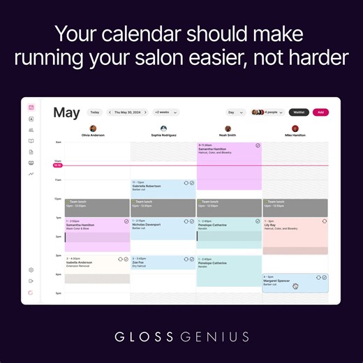 Stop letting calendar chaos cost your salon time and clients! With GlossGenius’s easy-to-use scheduling tools, you can edit appointments, manage team bookings, and access client info in seconds. | GlossGenius