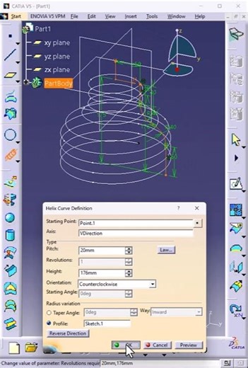 Helical & Sweep Center with Radius | CATIA V5 Trick #shorts