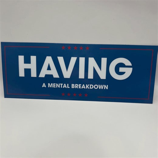 Having Mental Breakdown Bumper Sticker | Parody Campaign Style Car Decal (8x3 Glossy)