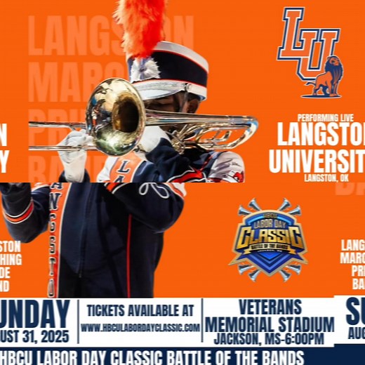 Congratulations to ”Langston University Marching Pride” They will be performing Live at The 2025 HBCU LABOR DAY CLASSIC BATTLE OF THE BANDS @hbculabordayclassic in Jackson, Mississippi. The countdown is ON! Get ready for the most epic event of the year — 10 Bands. 10 Sounds. 1 Field. 1 Day Only. 🗓️ Sunday August 31, 2025 📍 Jackson, Mississippi-Veterans Memorial Stadium ⏰ Fanfest/Tail Gate-12:00pm Show Time- 6:00pm Grab your crew, Bring the whole family! This is the event you don’t want to miss
