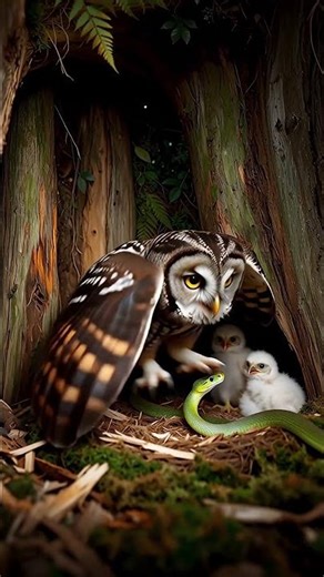 Owl Fights a Snake Inside Its Nest