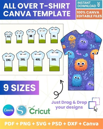 All Over T Shirt Canva Template, AOP Sublimation Shirt Template 9 Sizes, T Shirt Design Template SVG, Full Wrap Shirt Design, POD Apparel - Etsy