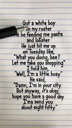 he be feeding me pasta and lobsta #songlyrics #lyrics #fyp #foryou #handwriting #handwritten #singalong #humanxtypewriter #areacodes #kali