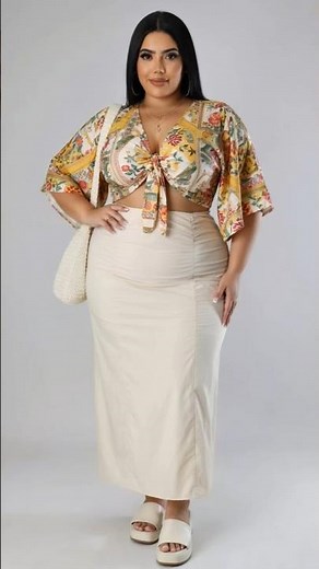 Plus Size Boho Floral Tie-Front Top & Beige Ruched Maxi Skirt | Curvy Summer Chic Look 🌸☀️
