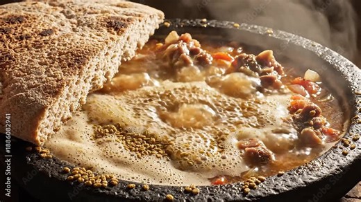 Authentic Ethiopian Doro Wat or Misir Wot a rich and spicy traditional stew bubbling vigorously in a rustic clay pot served with fresh spongy injera flatbread showcasing a vibrant hearty and aromatic.