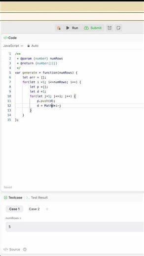Pascal’s Triangle in JavaScript | Leetcode 118| #javascript #coding #datastructure #leetcode