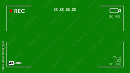 Video camera recorder screen overlay on a green background, recording camera screen interface with alpha channel ,camera viewfinder, camera frame viewfinder, camera recording screen overlay. 4K