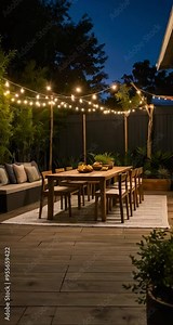 a casual back yard lunge area with a close up of the outdoor dining table at night with warm lighting