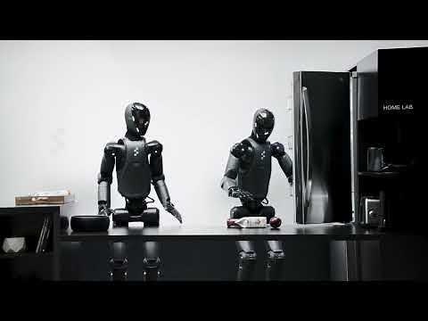 人型ロボットを家庭で動かすのに特化したAI言語モデル「Helix」で2体のロボットが動作するところ