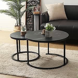 Round Modern Nesting Coffee Table Set of 2,Waterproof Faux Marble Wood Top & Metal Frame and Easy Assembly for Living Room,Office,Balcony (Black+Black