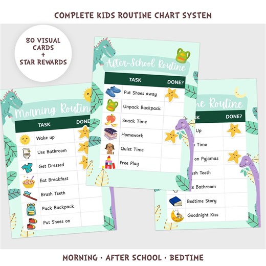 Dinosaur Kids Chore Chart Printable Routine Chart and Canva Template - Etsy